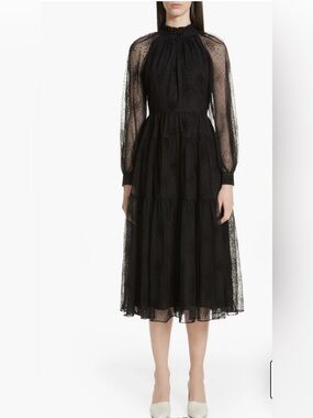 NWT $898 CO Black Sheer Ruffled Neck Tiered Dress